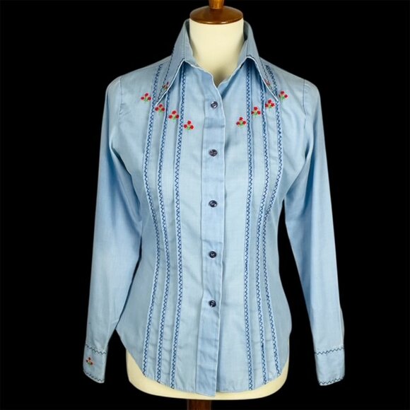 Vtg 70s Sears Jr Bazaar Dagger Collar Western Shirt Sz 9 Pintuck Embroidered - Picture 1 of 6